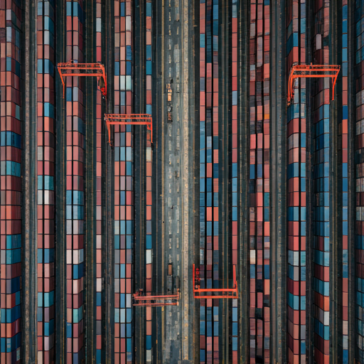 Aerial view of a cargo port with containers forming geometric patterns
