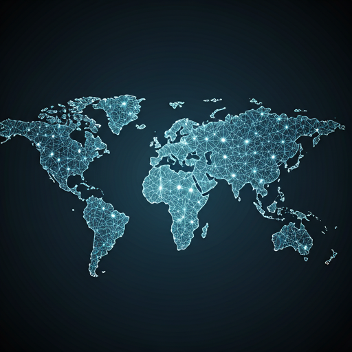 Abstract digital world map with connected data points and glowing network lines over a dark navy background