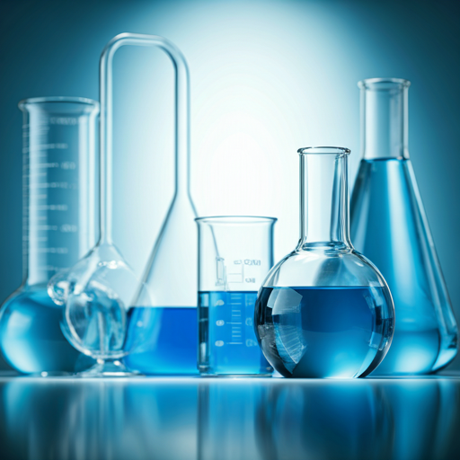 Science laboratory glassware with clear blue liquids