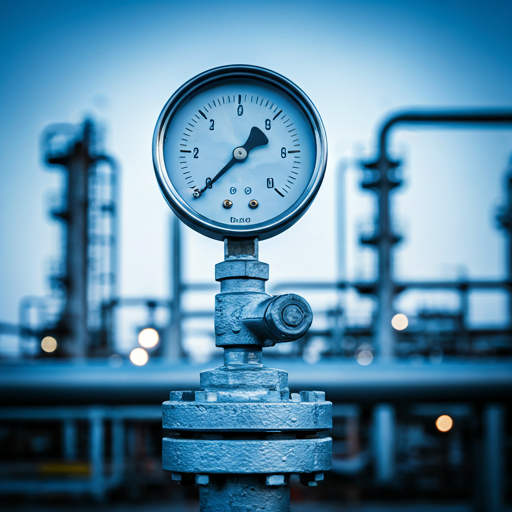 Close-up of a pressure gauge on industrial piping in a refinery