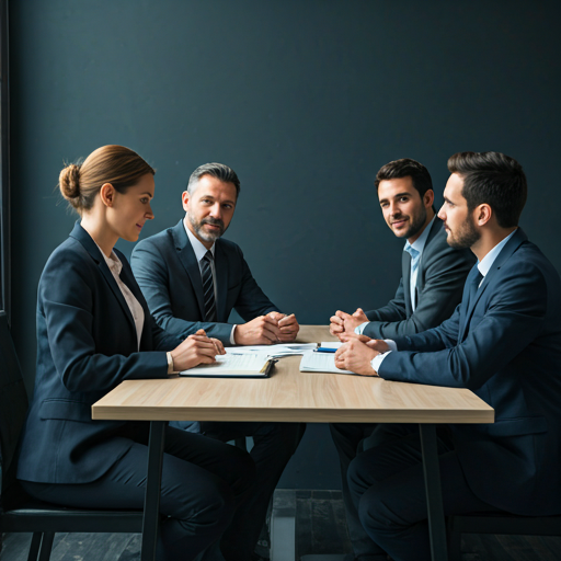 Aerial view of a minimalist white meeting table with professional hands reaching for a handshake, soft focus corporate setting