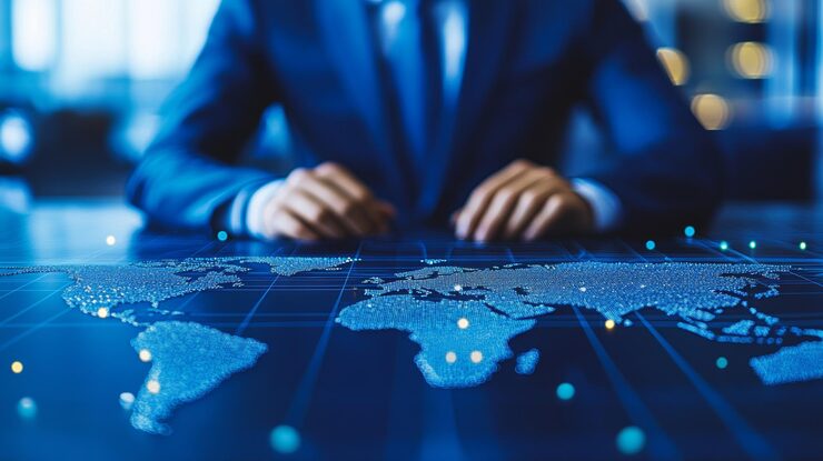 Close-up of a high-end physical globe with gold and navy blue textures resting on a marble surface with soft office lighting
