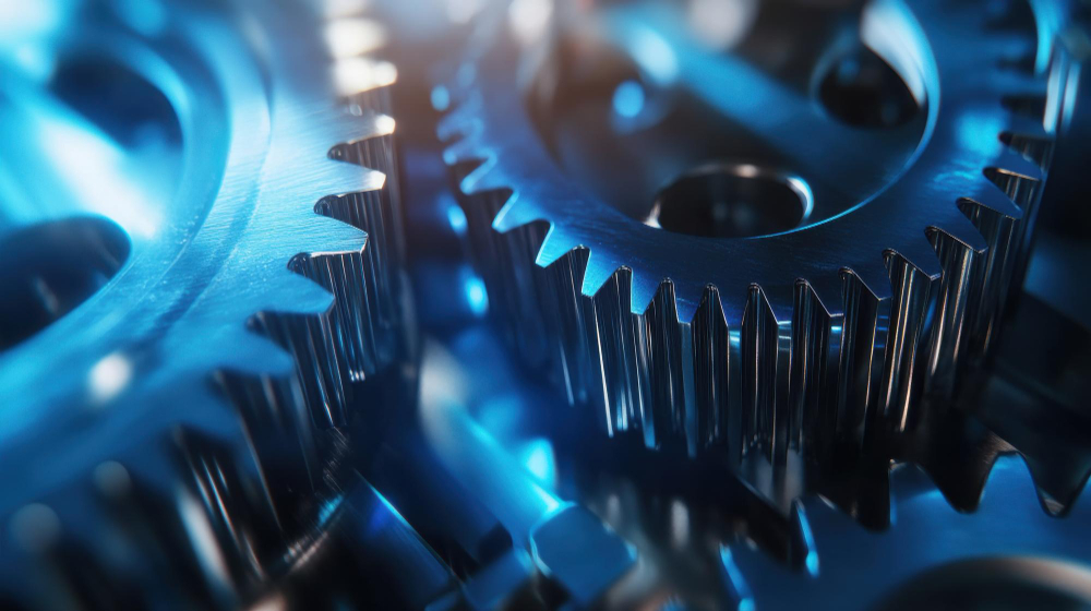 Mechanical gears and high-precision machinery parts in a factory workshop