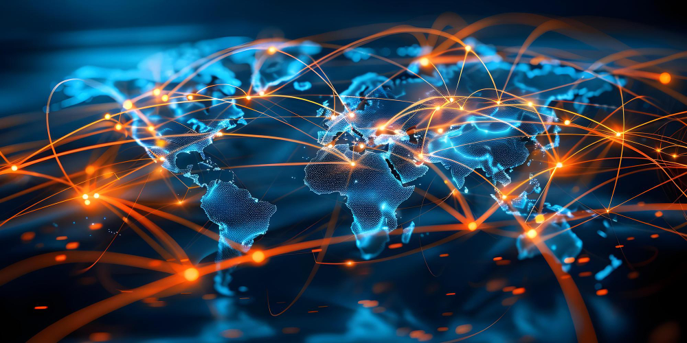 Digital world map with glowing nodes representing a global supplier network