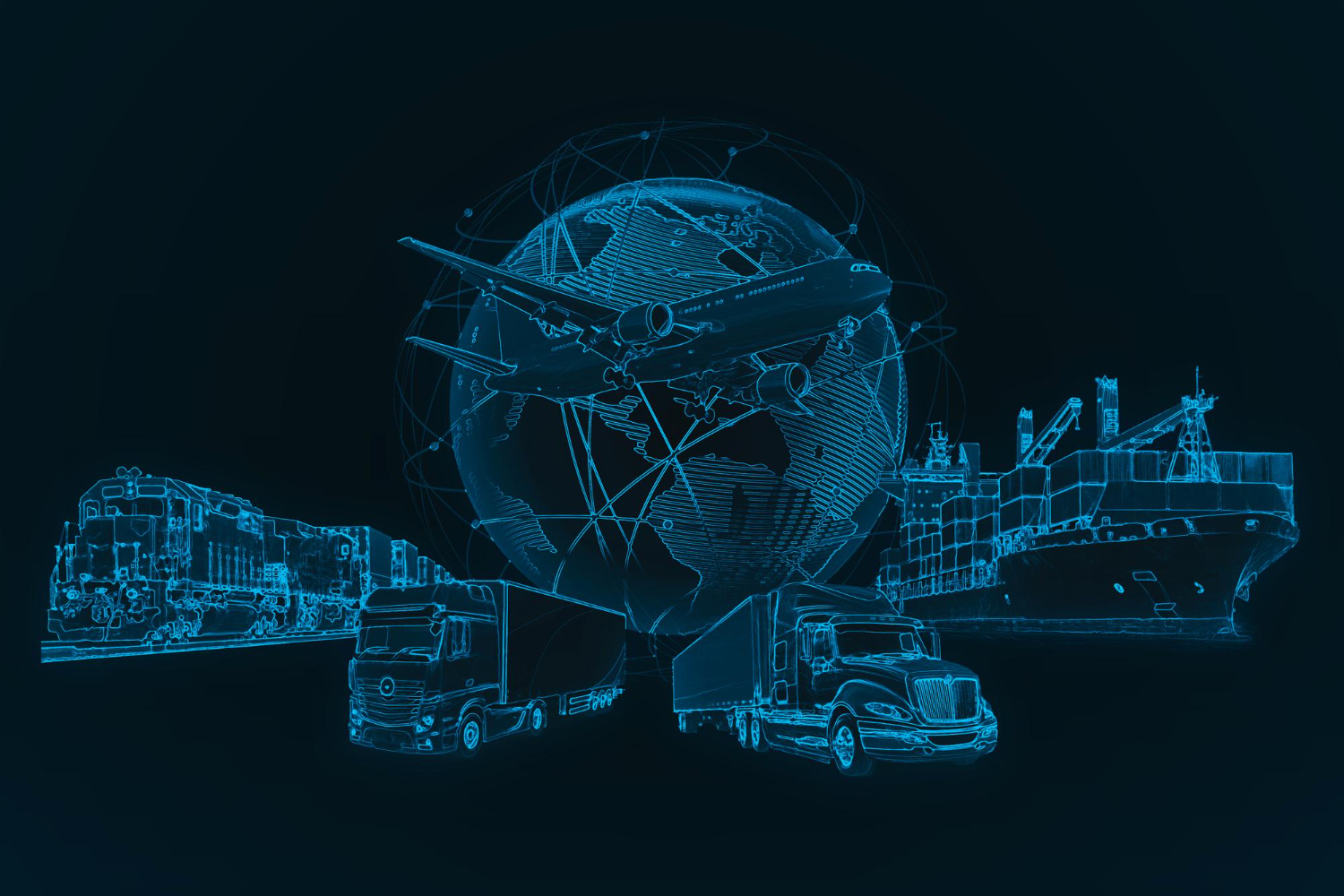 Modern high-tech logistics control center with large digital maps and blurred motion of cargo ships in harbor at dusk