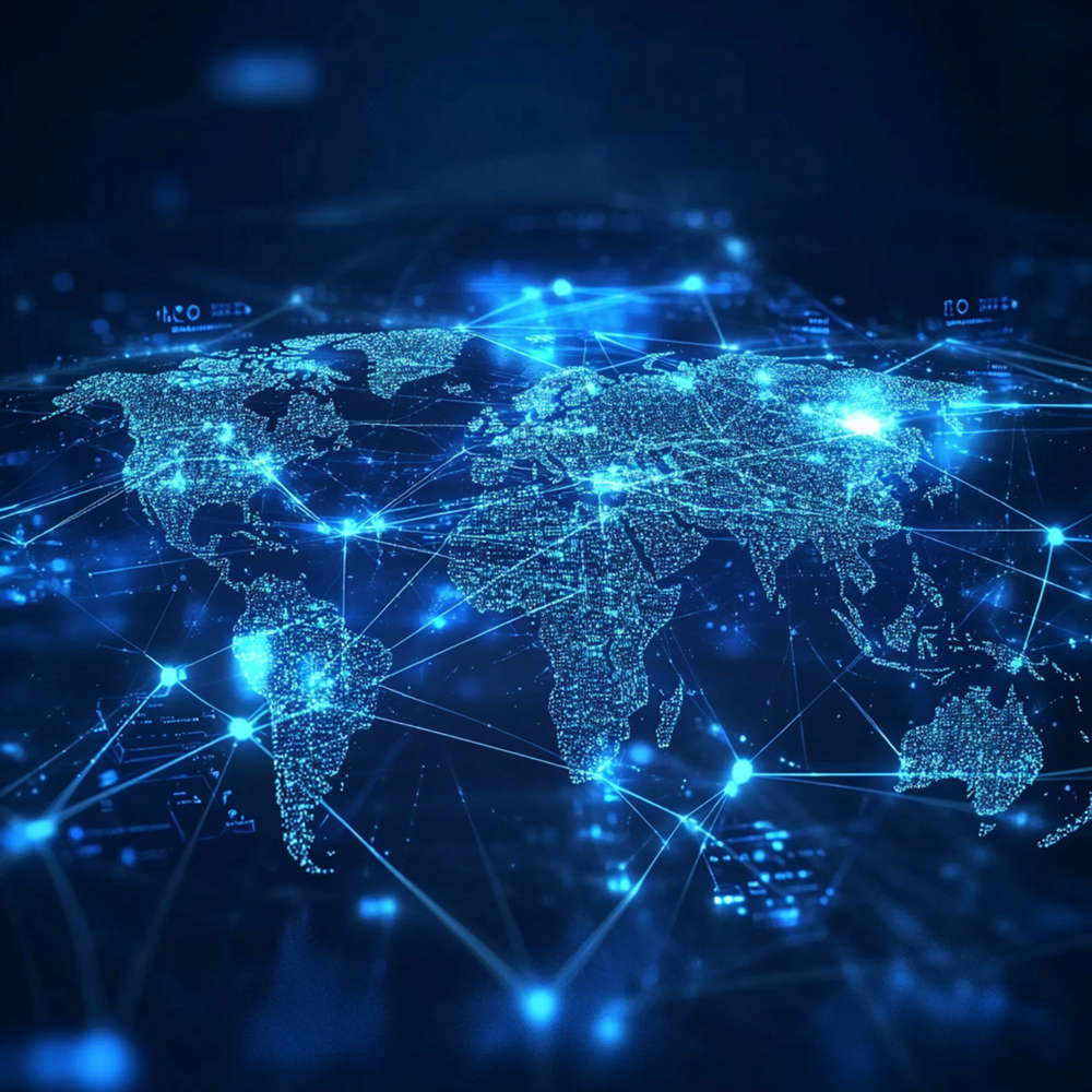 Minimalistic topographic map showing city grid of a financial district with clean aesthetic lines and cool blue tones