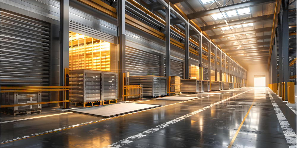 Aerial view of a cargo port with colorful containers stacked in rows