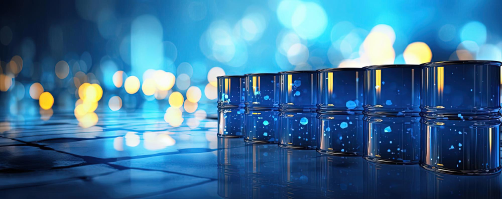 Modern high-tech industrial oil refinery at dusk with complex piping and warm amber glow against deep blue twilight sky