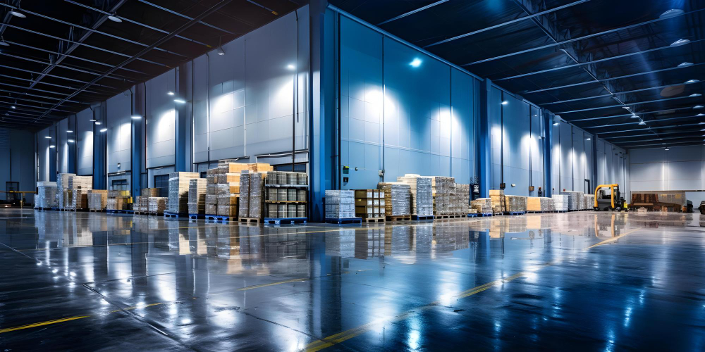 Warehouse interior with high racks and clean aisles